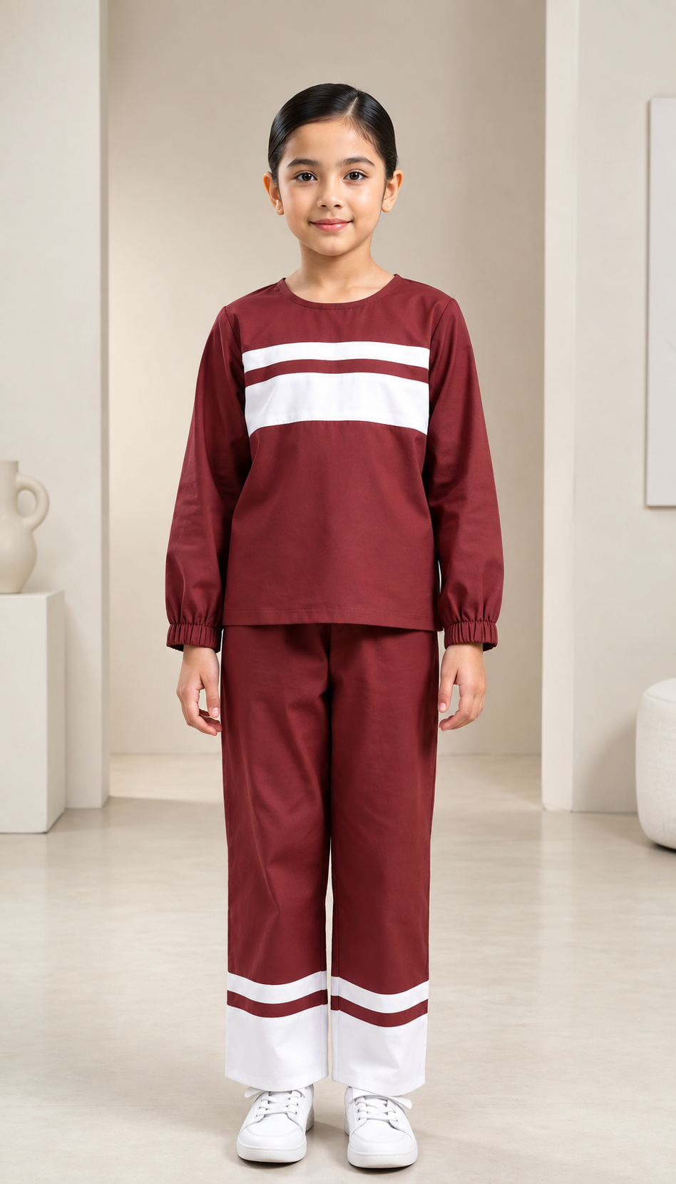Maroon & White Cambric 2-Piece Set